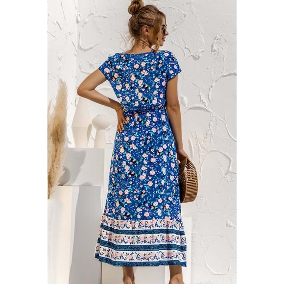 Boho Floral Print V-Neck Midi Dress Blue - Picture 3 of 4